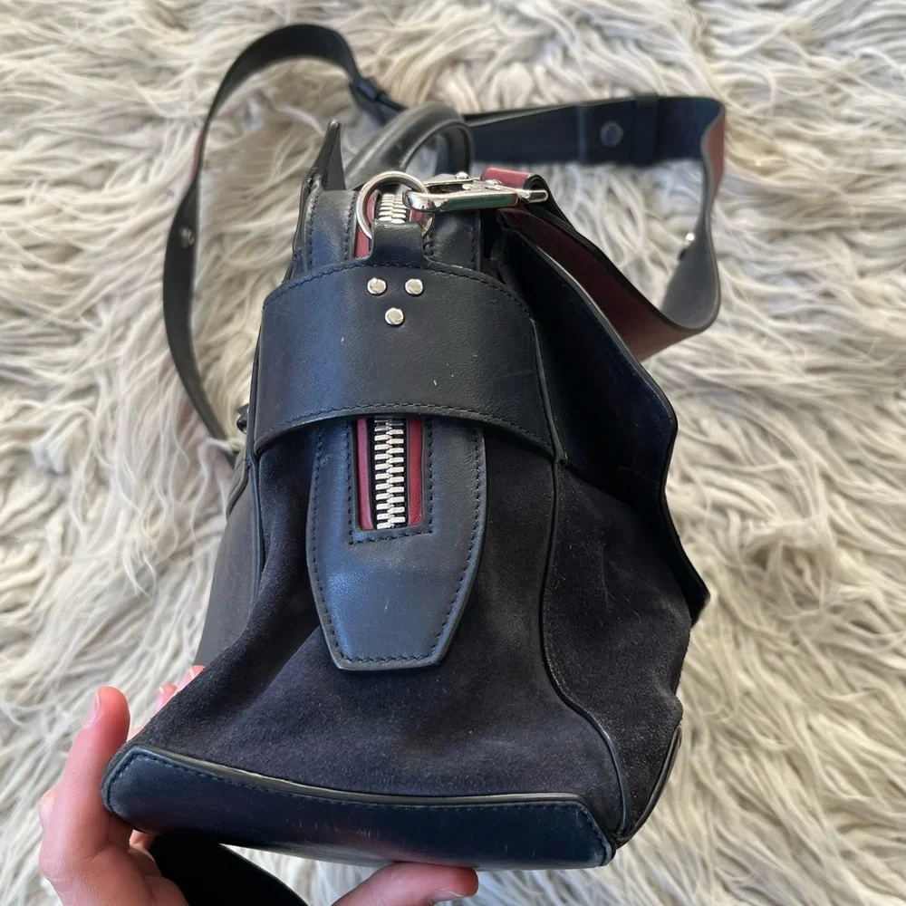Rag & Bone Small Pilot Navy Blue Red Accent Leather Suede Zip-Up Satchel Bag